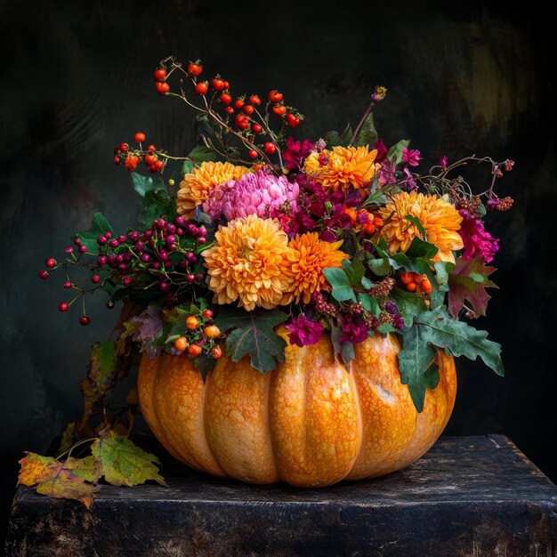 Photo a pumpkin shaped vase filled with a colorful bouquet of flowers