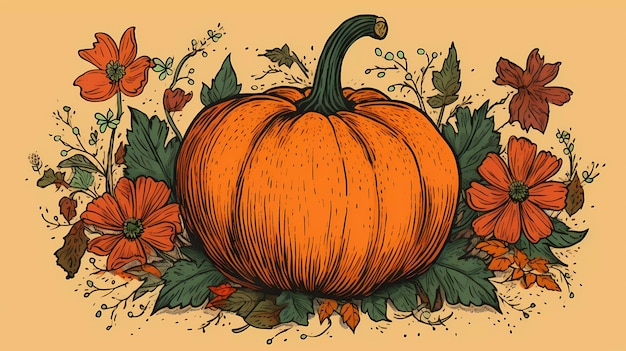 A pumpkin sits on a floral background.