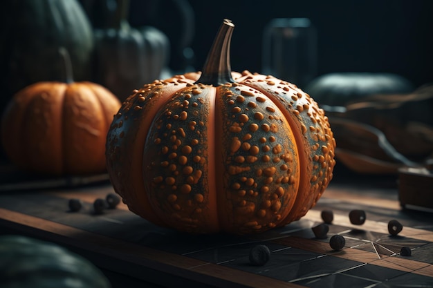 A pumpkin sits on a table with a bunch of blueberries on the table.