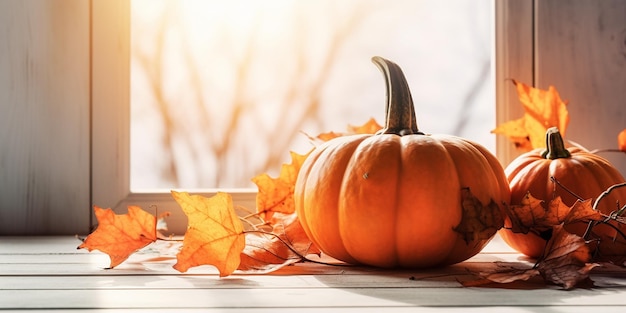 A pumpkin sits on a table with fall leaves on the table.