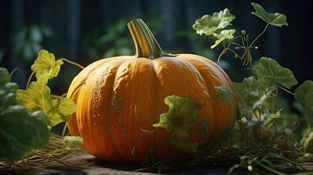 A pumpkin sits on a table with leaves and vines in the background.