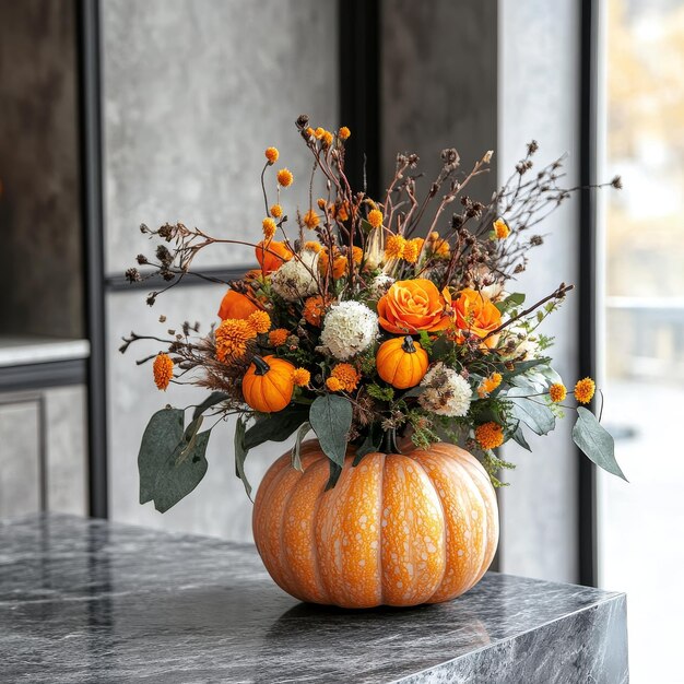 Photo a pumpkin sits on a table with a pumpkin and flowers in it