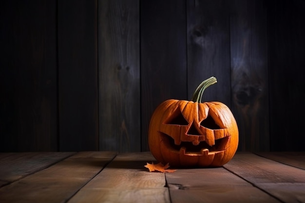 A pumpkin sits on a wooden table in front of a dark wood background.