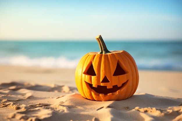 a pumpkin sitting on top of a sandy beach