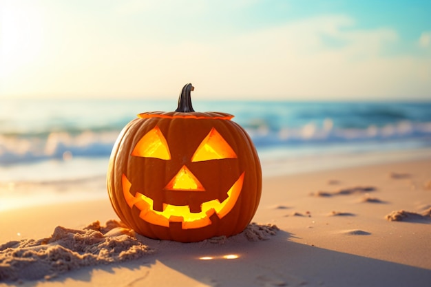 a pumpkin sitting on top of a sandy beach