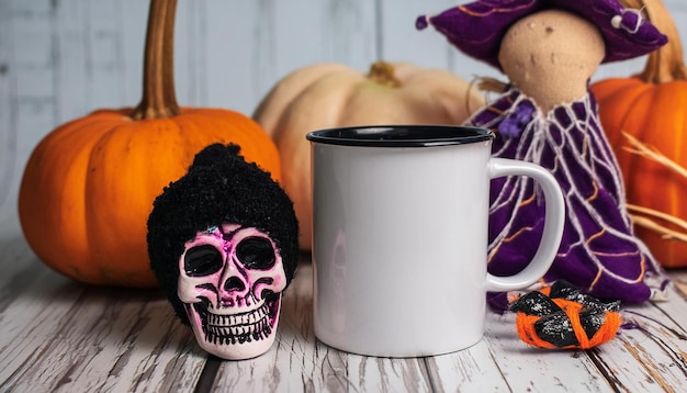 Photo a pumpkin and a skull are on a table with pumpkins