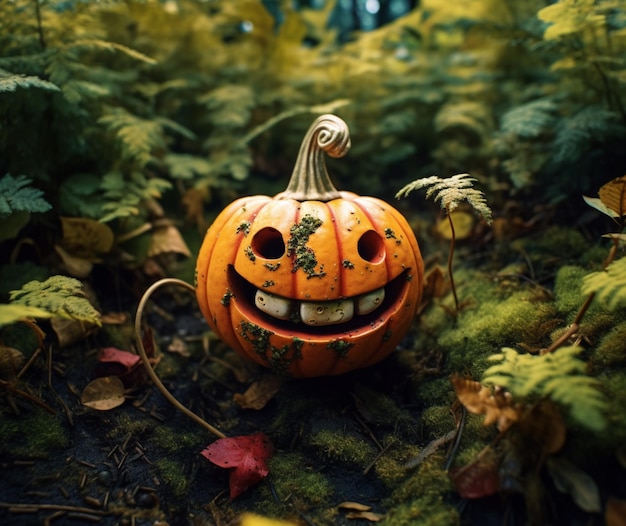 A pumpkin smiling in a garden