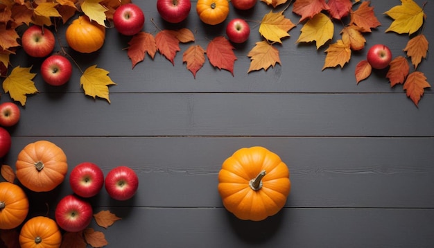 Photo a pumpkin and some autumn leaves on a wooden background