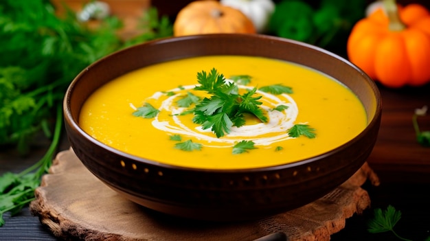 Pumpkin soup in a bowl Selective focus