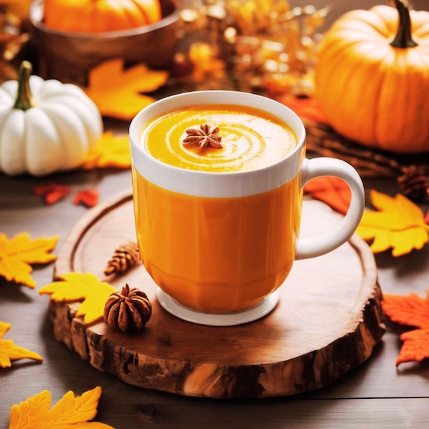 Pumpkin soup in a mug on a wooden table surrounded by colorful autumn leaves