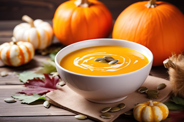 Pumpkin soup in plate with orange pumpkins and dry leaves on wooden background