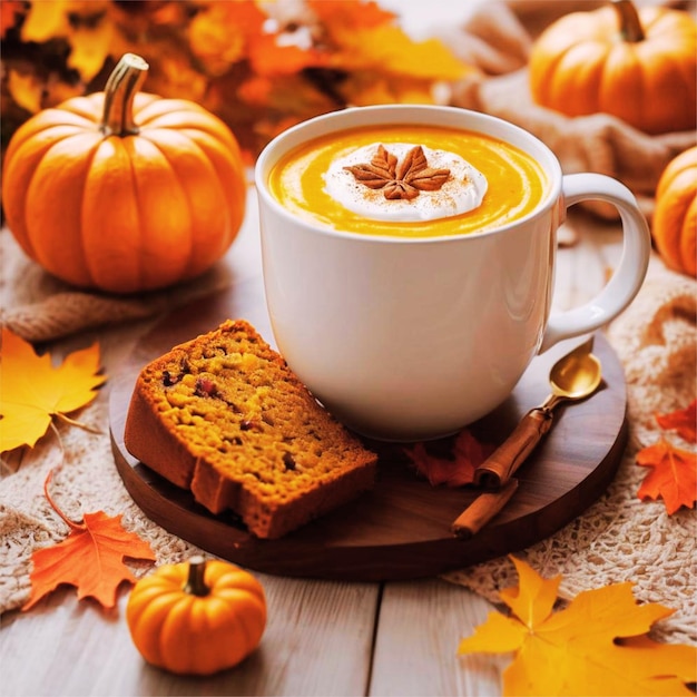 Pumpkin soup and pumpkin spice cake on a wooden table surrounded by autumn leaves