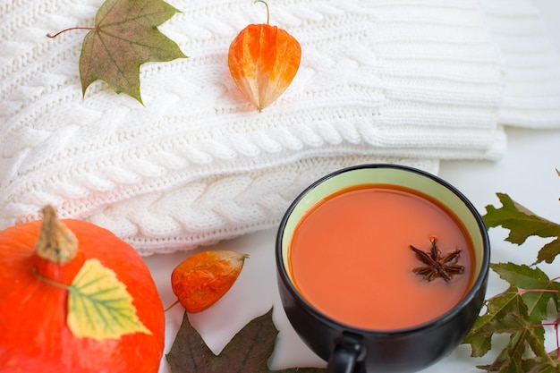 Pumpkin soup with cream and pumpkin seeds and a bucket on a white wooden background Copy space