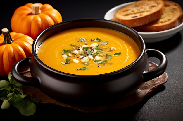 Pumpkin soup with cream seeds and croutons on black background