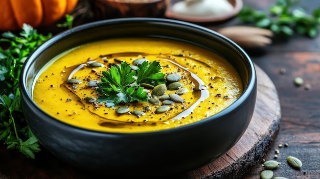 Photo pumpkin soup with parsley olive oil and pumpkin seeds served vegan style