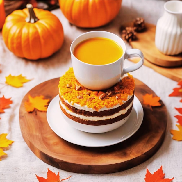 Pumpkin spice cake with coffee and pumpkins on a wooden table