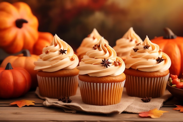 Pumpkin spice cupcakes watercolor background