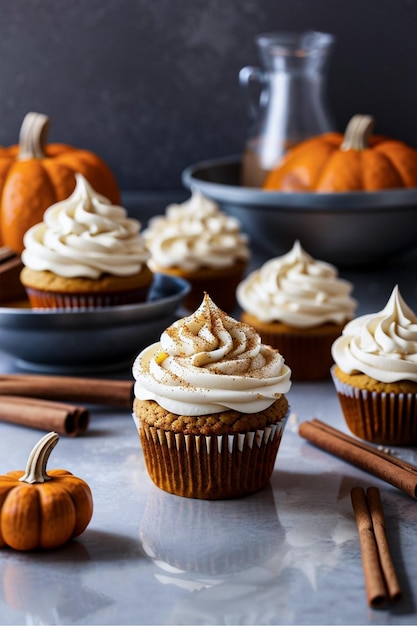 Pumpkin spice cupcakes with cream cheese frosting against a dark background Generative AI