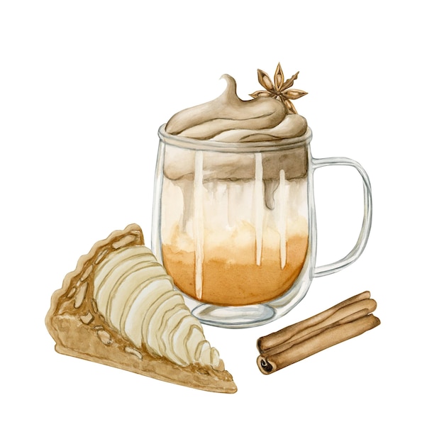 Pumpkin Spice Dalgona Coffee with anise stars and Pear Frangipane Tart with cinnamon sticks Watercolor illustration