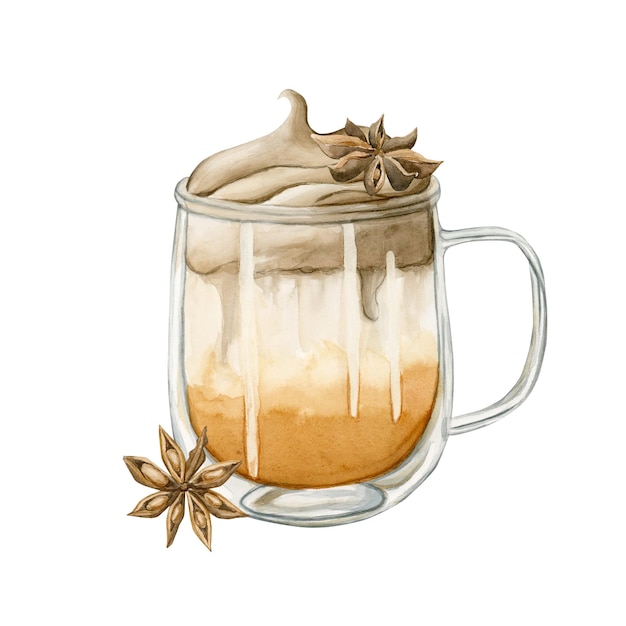 Pumpkin Spice Dalgona Coffee with stars anise in doublelayer glass mug Watercolor food illustration