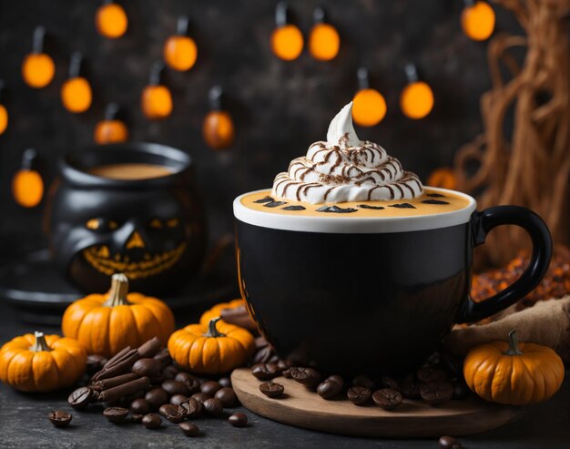 A Pumpkin Spice Latte in a Clear Mug on a Wooden Table Generative AI