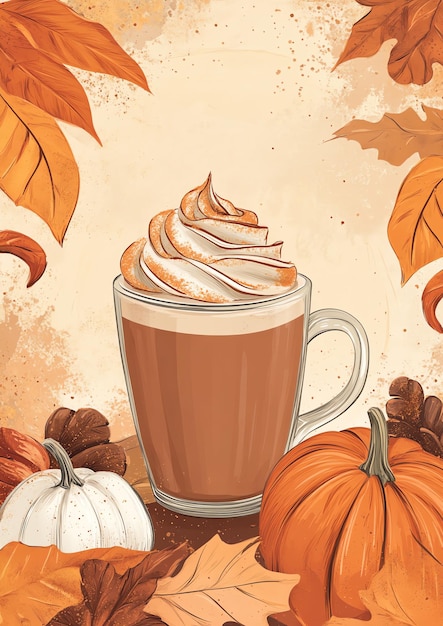 Pumpkin spice latte illustration watercolor border