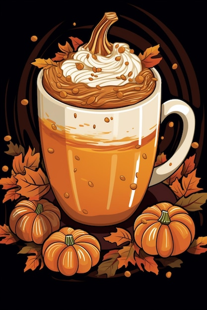 pumpkin spice latte with whipped cream and pumpkins on a black background generative ai