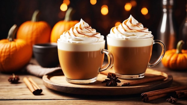 Pumpkin spice latte with whipped cream on wooden table