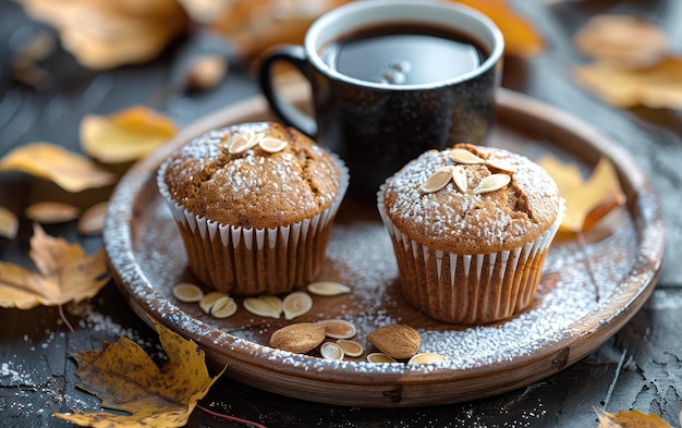 Photo pumpkin spice muffins with coffee and fall leaves