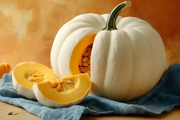 a pumpkin and squash are on a blue cloth