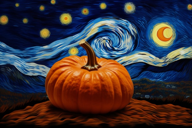 Photo pumpkin under a starry night healthy nutrition halloween pumpkin image photography