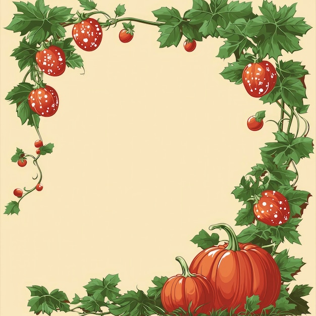 Photo pumpkin and strawberry vine border on cream background