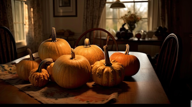 pumpkin on a surface in a antique dining room