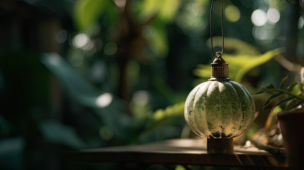 A pumpkin on a table in the garden