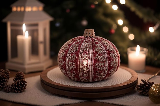 a pumpkin on a table with a candle in the background