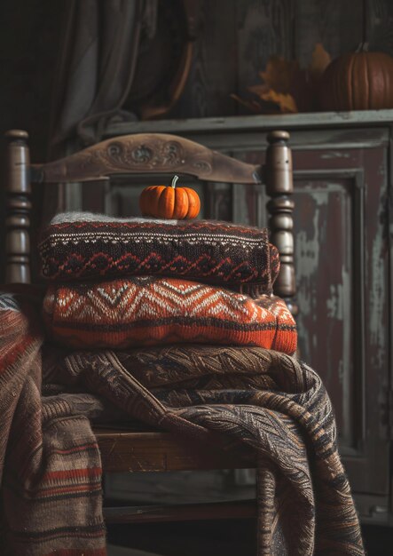 Photo pumpkin on top of stack of wool clothes in autumnal colours