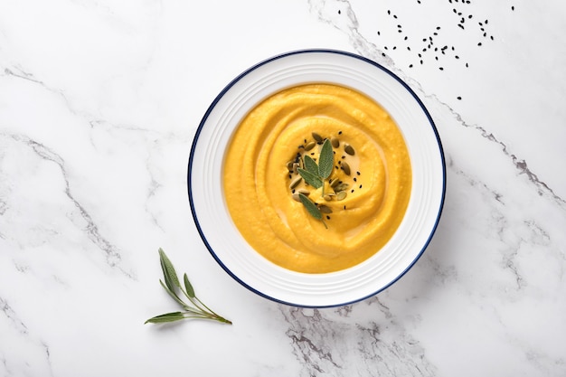 Pumpkin traditional soup with creamy silky texture with sage leaves and red pepper in white plate or bowl. Light grey background. Copy space. Mock up. Top view, flat lay.