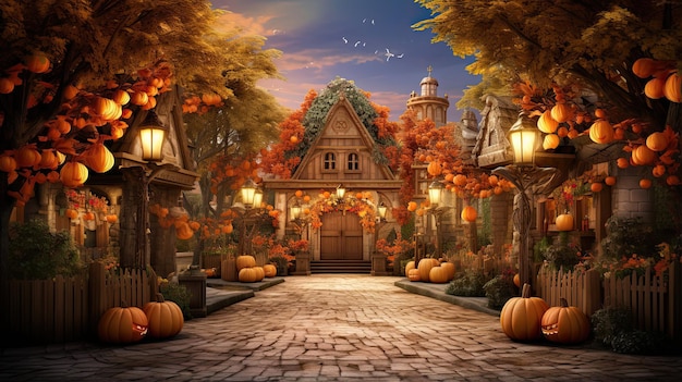 Pumpkin Village Square Under a Canopy of Leaves