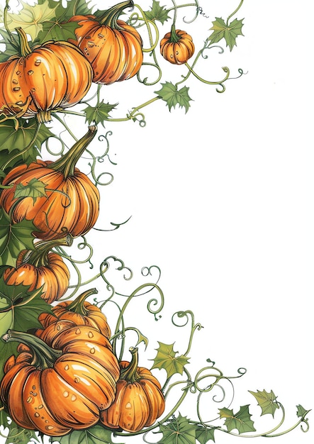 Pumpkin vines and leaves watercolor border