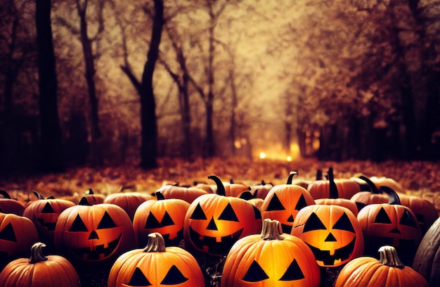 Pumpkin wallpaper with trees, dark background, Halloween theme