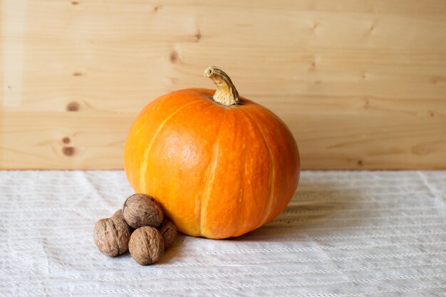 Pumpkin and walnuts on the table