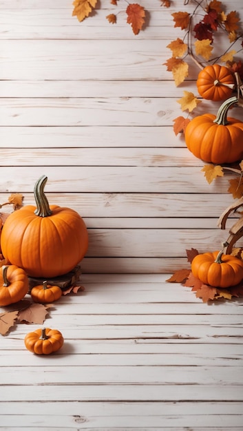 pumpkin over white wooden table background Backdrop with copy space