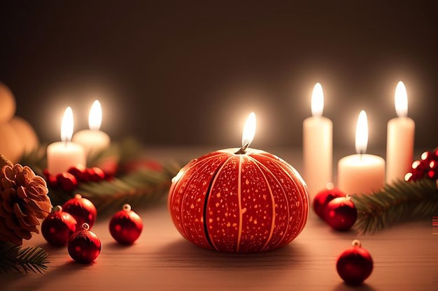 a pumpkin with candles and candles in the background with candles in the middle