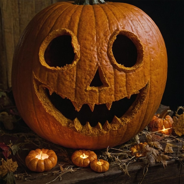 Photo a pumpkin with a carved face on it sits on a table