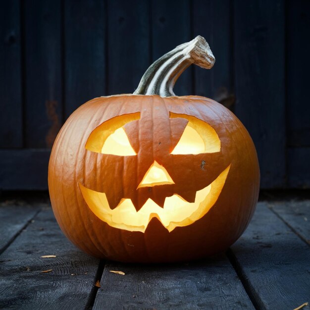 a pumpkin with a carved face on it sits on a wooden deck