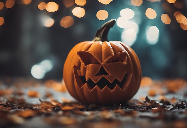 a pumpkin with a carved face sits on a table with some spices and a blue background