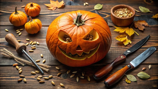 Photo a pumpkin with a carved face and some spices on it