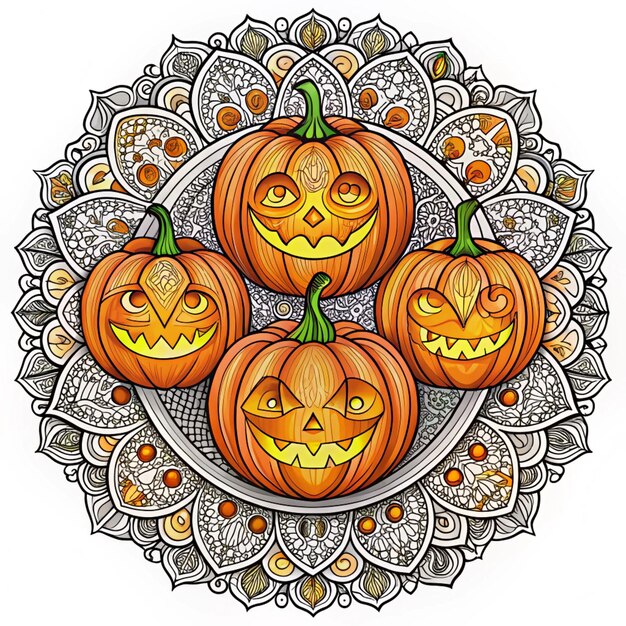 a pumpkin with carved faces sits on a white background