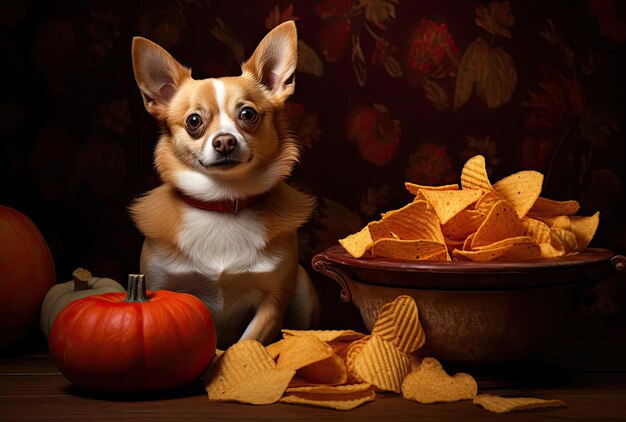 a pumpkin with chips on a table in the style of meatpunk