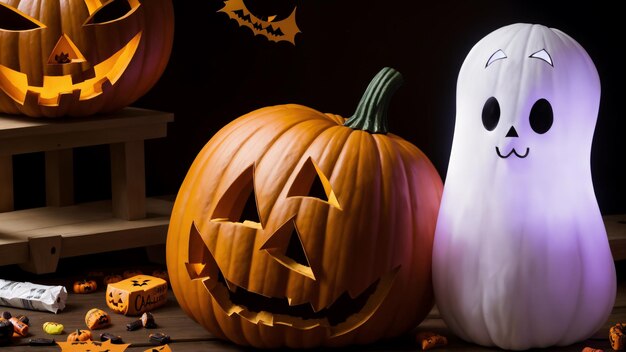 a pumpkin with a face carved into it next to a pumpkin